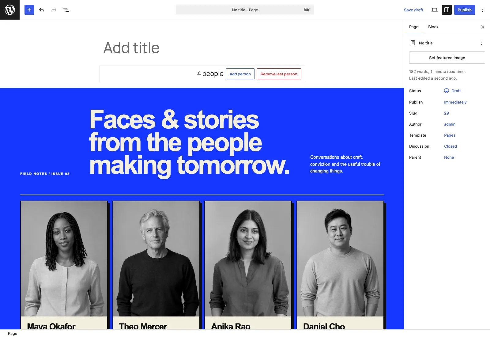 The Faces & Stories Designed Pattern in the WordPress block editor, with native content and an Add person control.