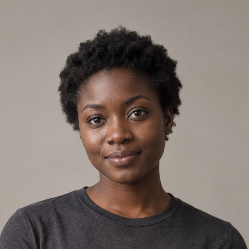 Head and shoulders of a woman in their 20s with short natural coily hair, wearing a charcoal shirt, against a warm grey background.