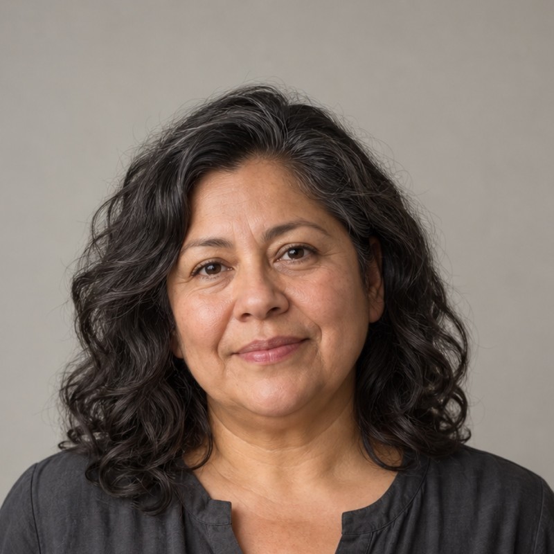 Head and shoulders of a woman in their 50s with wavy dark hair to the shoulders with a few grey strands, wearing a charcoal blouse, against a warm grey background.