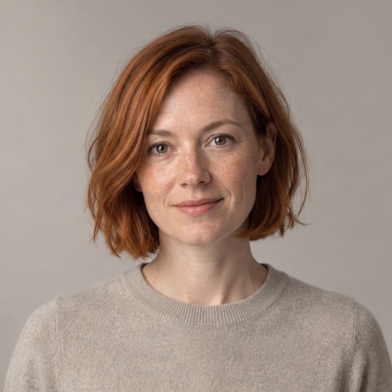 Head and shoulders of a woman in their 30s with chin-length copper-red bob, wearing a stone sweater, against a warm grey background.