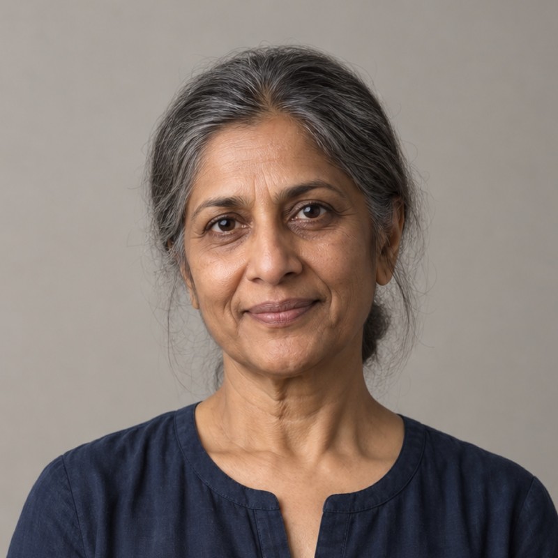 Head and shoulders of a woman in their 50s with silver-streaked dark hair loosely tied back, wearing a navy blouse, against a warm grey background.