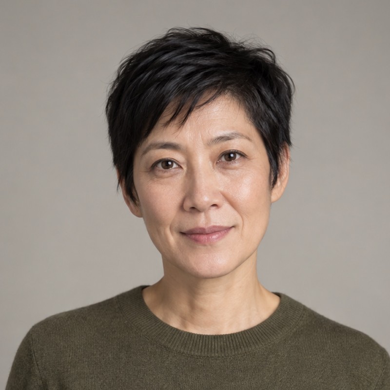 Head and shoulders of a woman in their 40s with short dark pixie haircut, wearing an olive sweater, against a warm grey background.