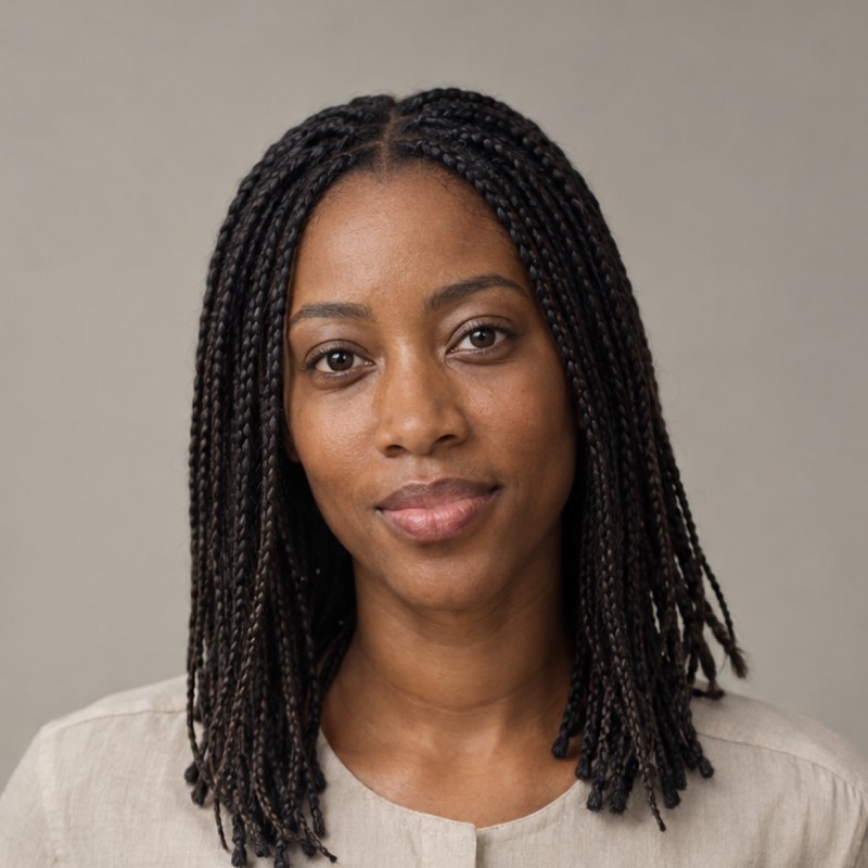Head and shoulders of a woman in their 30s with shoulder-length neat microbraids, wearing a stone blouse, against a warm grey background.