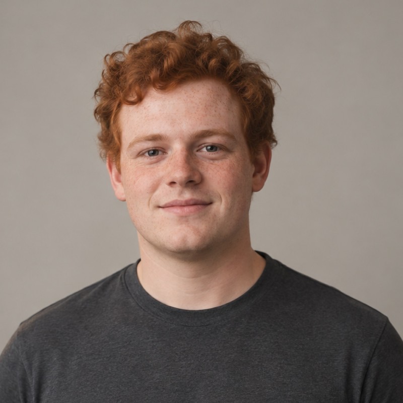 Head and shoulders of a man in their 20s with short ginger curls, wearing a charcoal shirt, against a warm grey background.