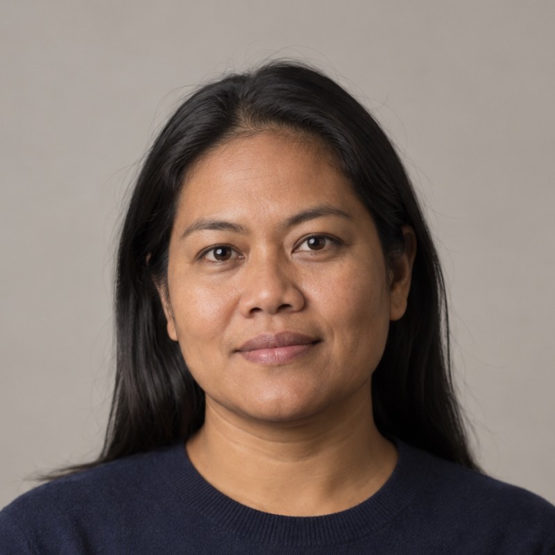 Head and shoulders of a woman in their 40s with long straight dark hair resting behind the shoulders, wearing a navy sweater, against a warm grey background.