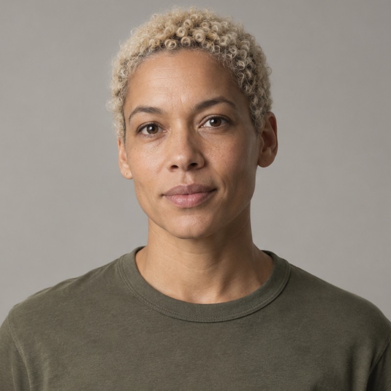 Head and shoulders of a person in their 30s with close-cropped bleached-blond natural curls, wearing an olive shirt, against a warm grey background.