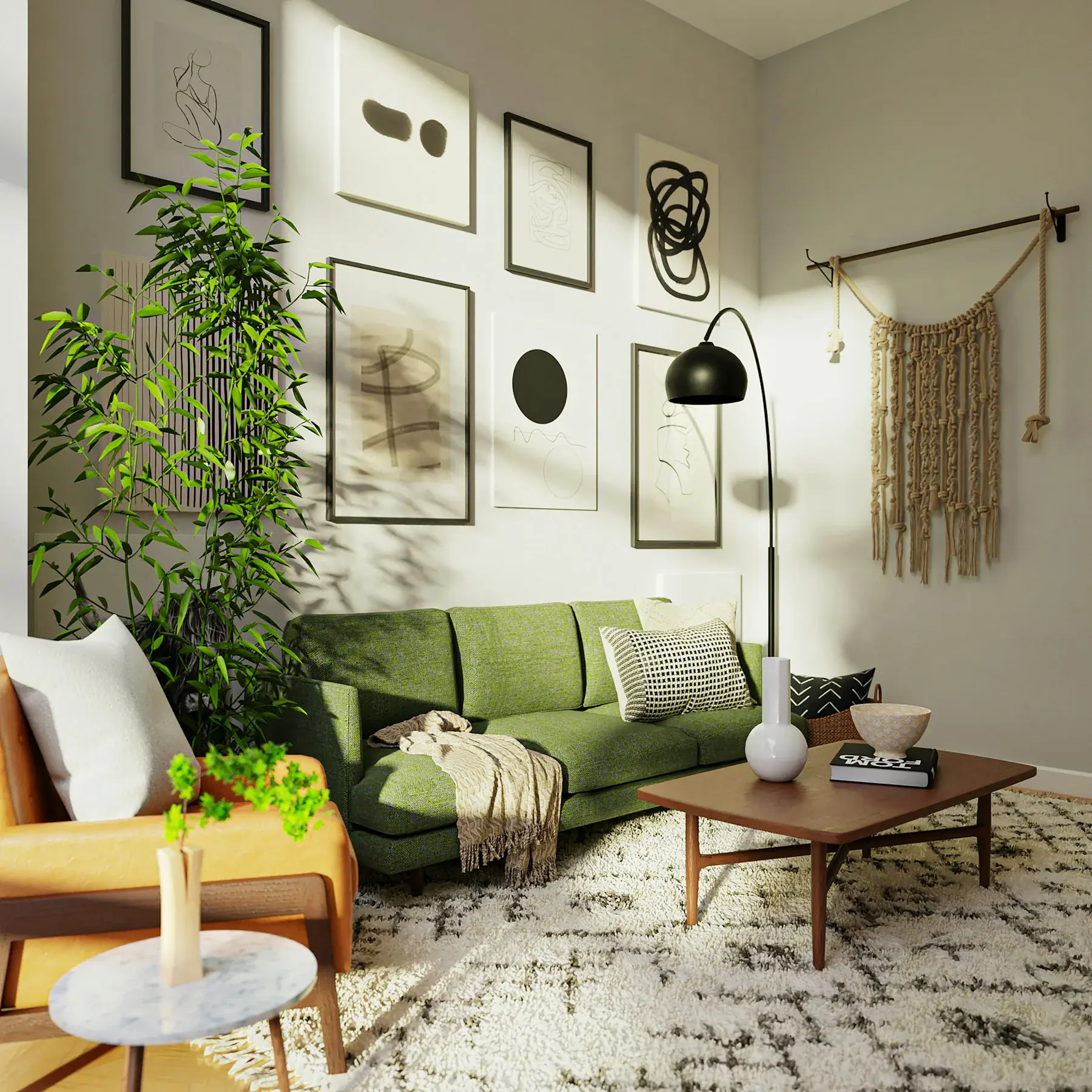 The same sunlit room furnished with a green sofa, plants, framed artwork and a wooden coffee table.