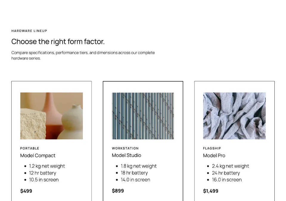 Product spec cards rendered in Twenty Twenty-Five