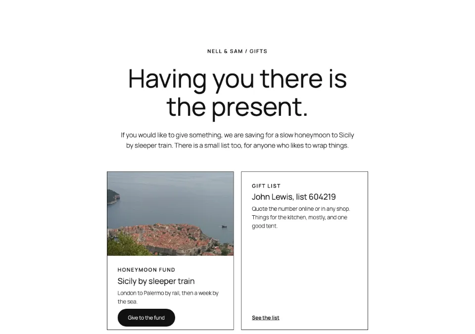 Gifts note and list rendered in Twenty Twenty-Five