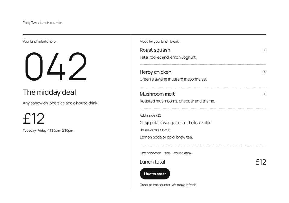 Menu counter slip rendered in Twenty Twenty-Five