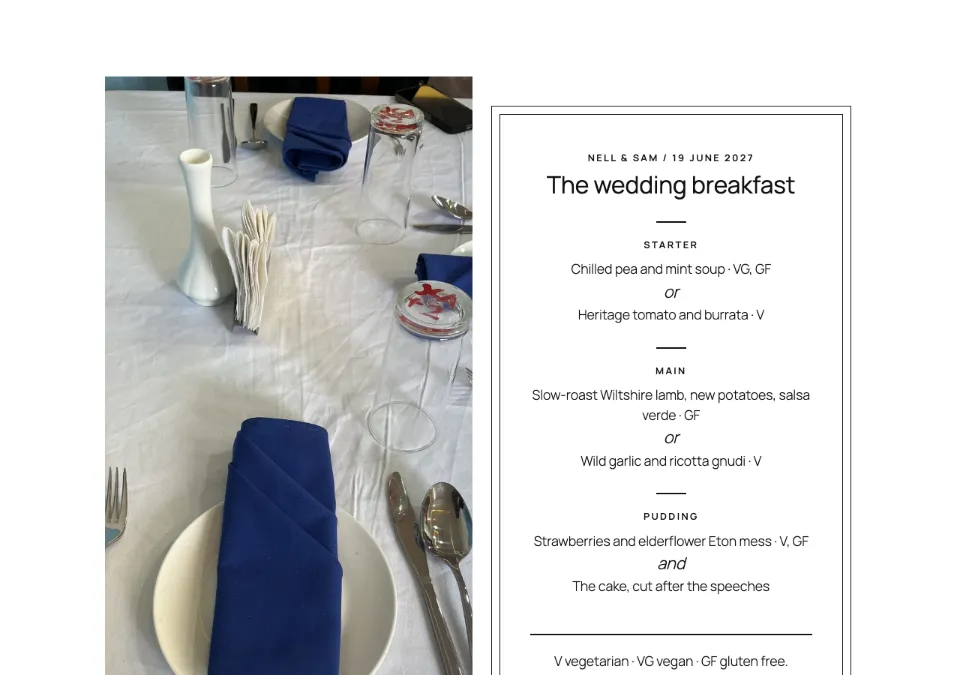 Menu place card rendered in Twenty Twenty-Five