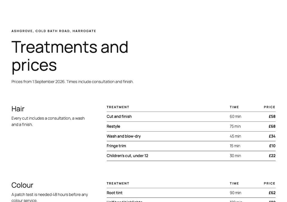 Price list treatments rendered in Twenty Twenty-Five