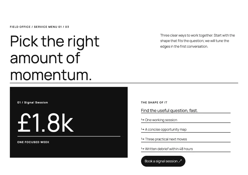 Studio service menu rendered in Twenty Twenty-Five
