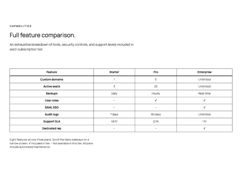 Feature checklist matrix rendered in Twenty Twenty-Five