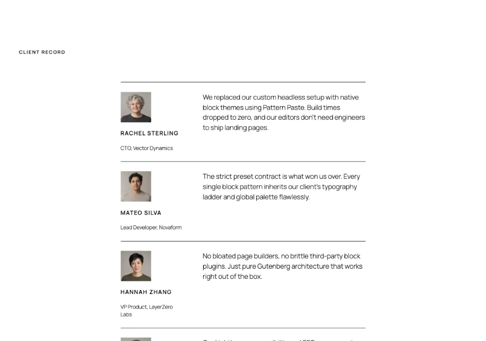 Testimonial ledger in Twenty Twenty-Five